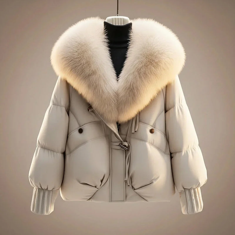 Short Puffer Jacket for Women with Oversized Faux Fur Collar in White, front view