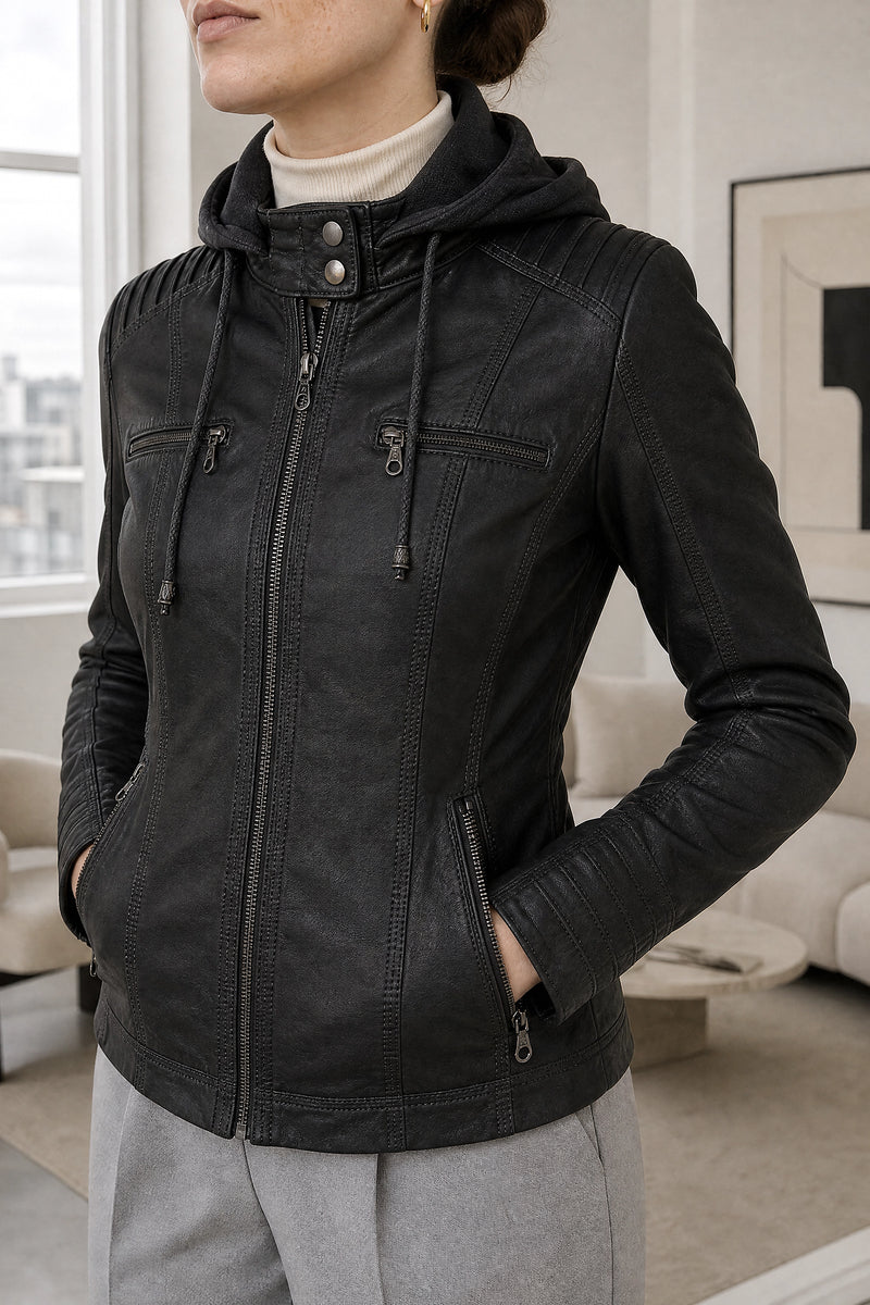 Lorelai | Zip Jacket in Black, fabric close-up