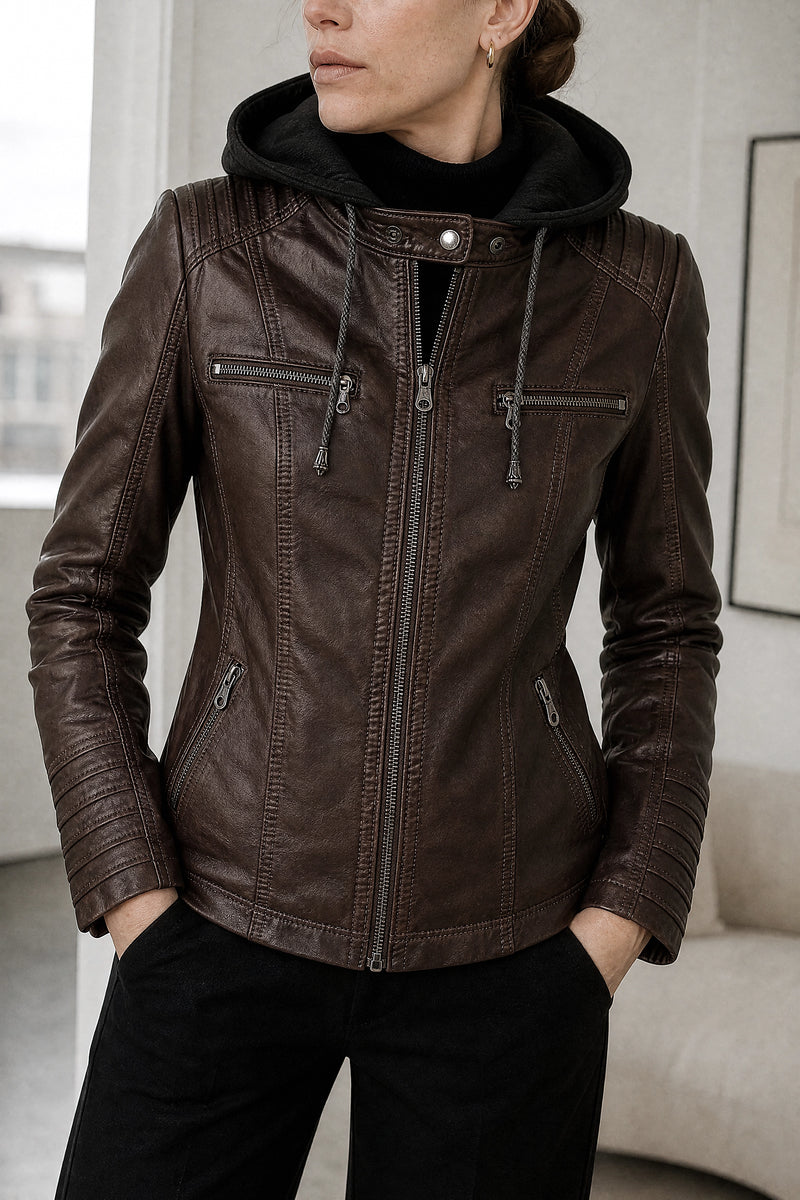 Lorelai | Zip Jacket in Brown, fabric close-up
