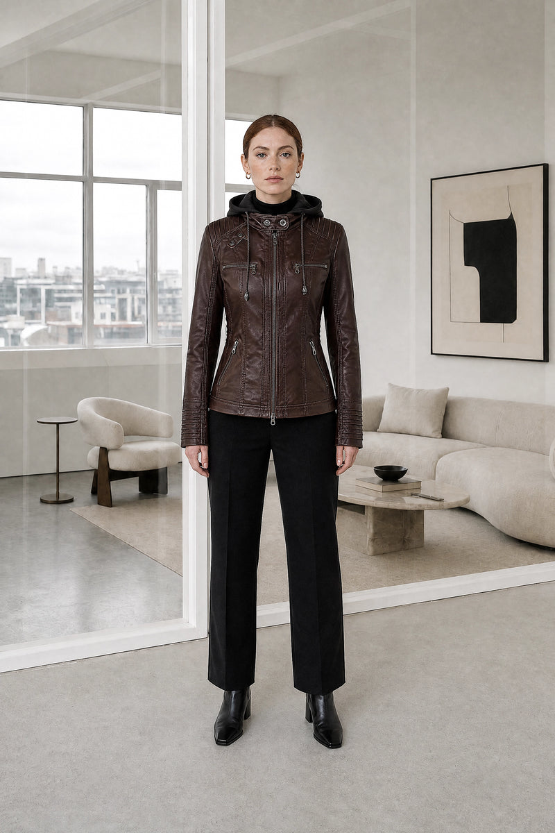 Lorelai | Zip Jacket in Brown, studio front view