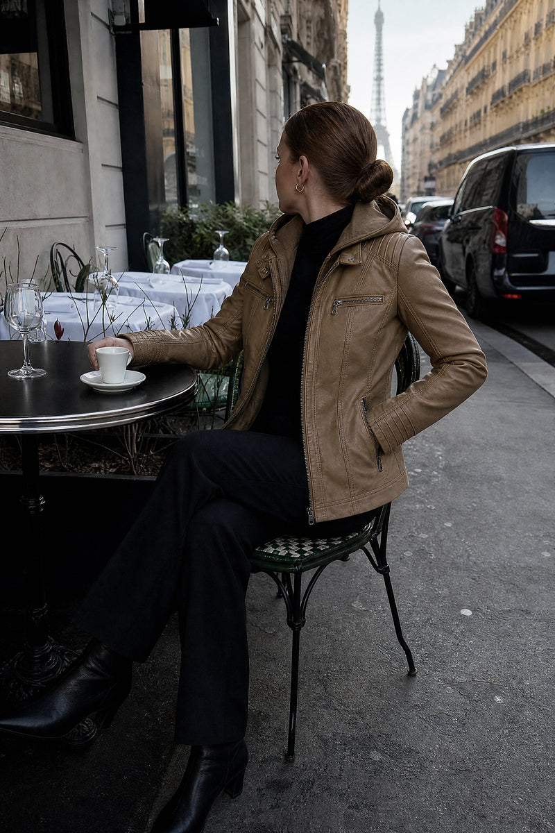 SOFAINE-V7-LIFE-Lorelai | Zip Jacket in Khaki, café scene