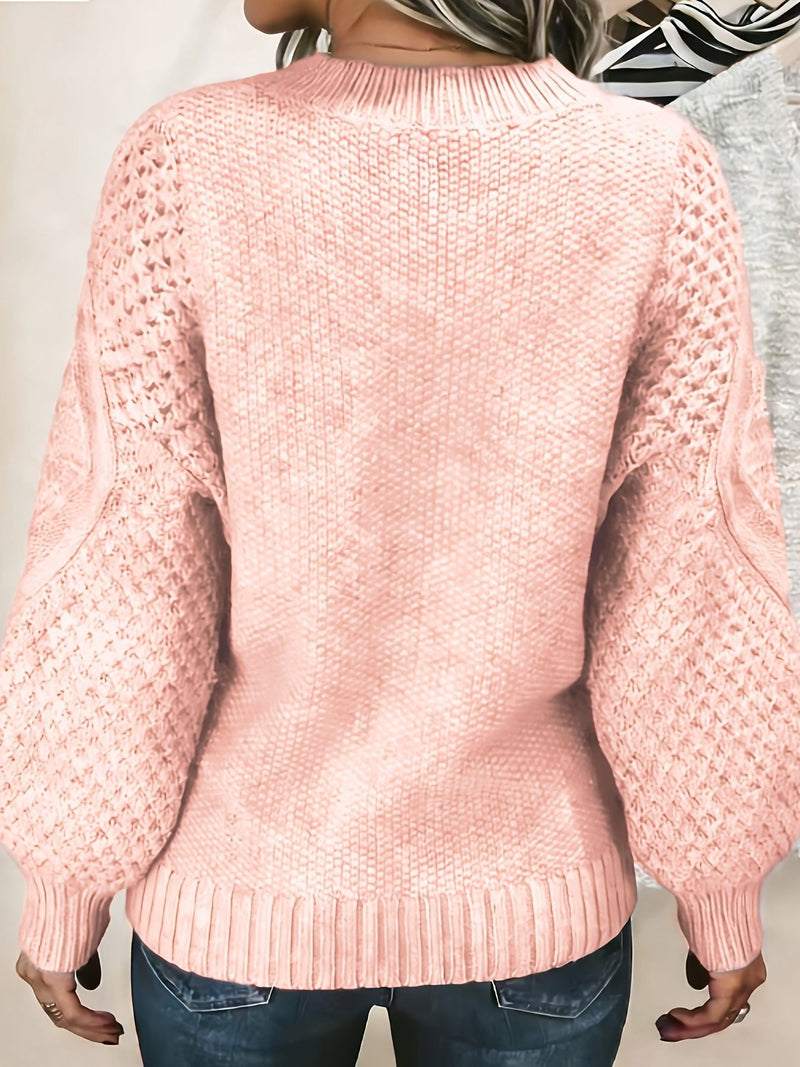 Puff Sleeve Sweater for Women with Cable Knit Detail and Crew Neck in Pink, back view