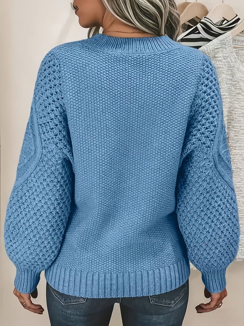Puff Sleeve Sweater for Women with Cable Knit Detail and Crew Neck in Sky Blue, back view