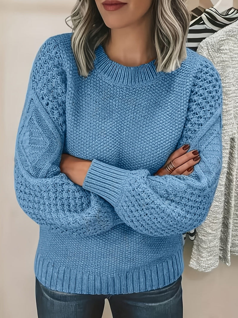 Puff Sleeve Sweater for Women with Cable Knit Detail and Crew Neck in Sky Blue, front view