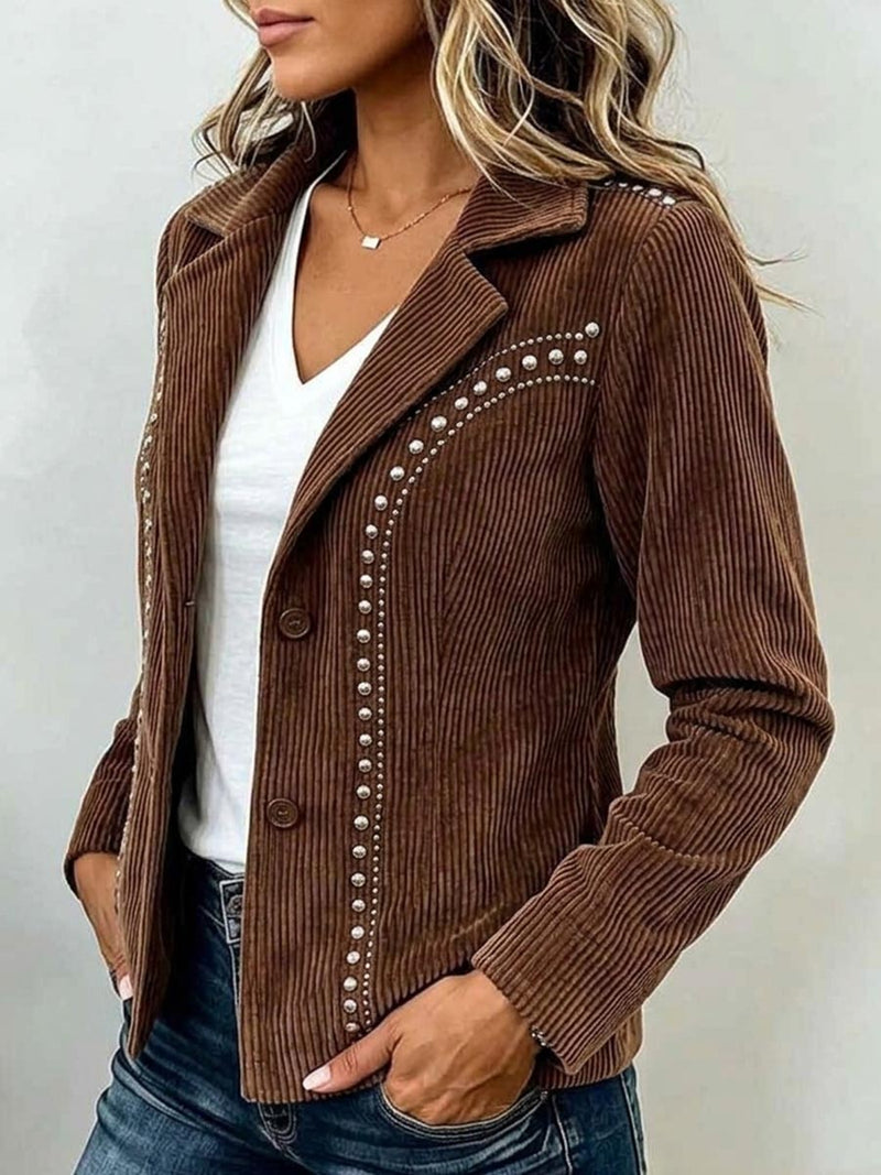 Corduroy Blazer for Women with Silver-Tone Studs and Notch Lapels in Coffee, side view