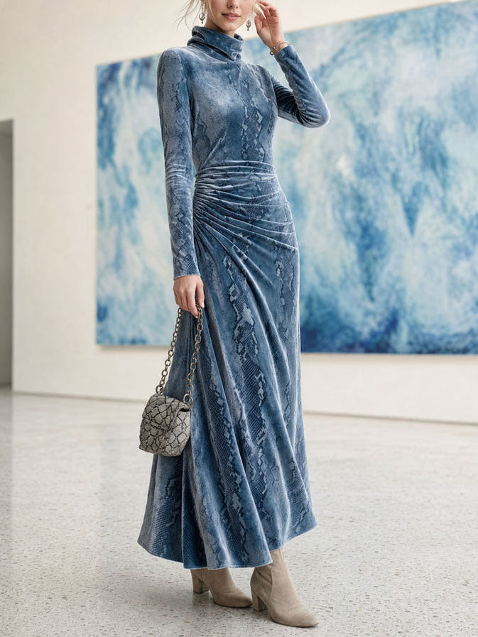 Velvet Turtleneck Maxi Dress for Women with Snake Print and Ruched Waist in Blue, styled view 2