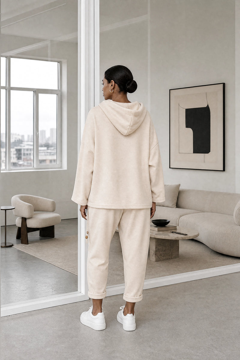 Lorraine | Hoodie Lounge Set in Apricot, studio back view