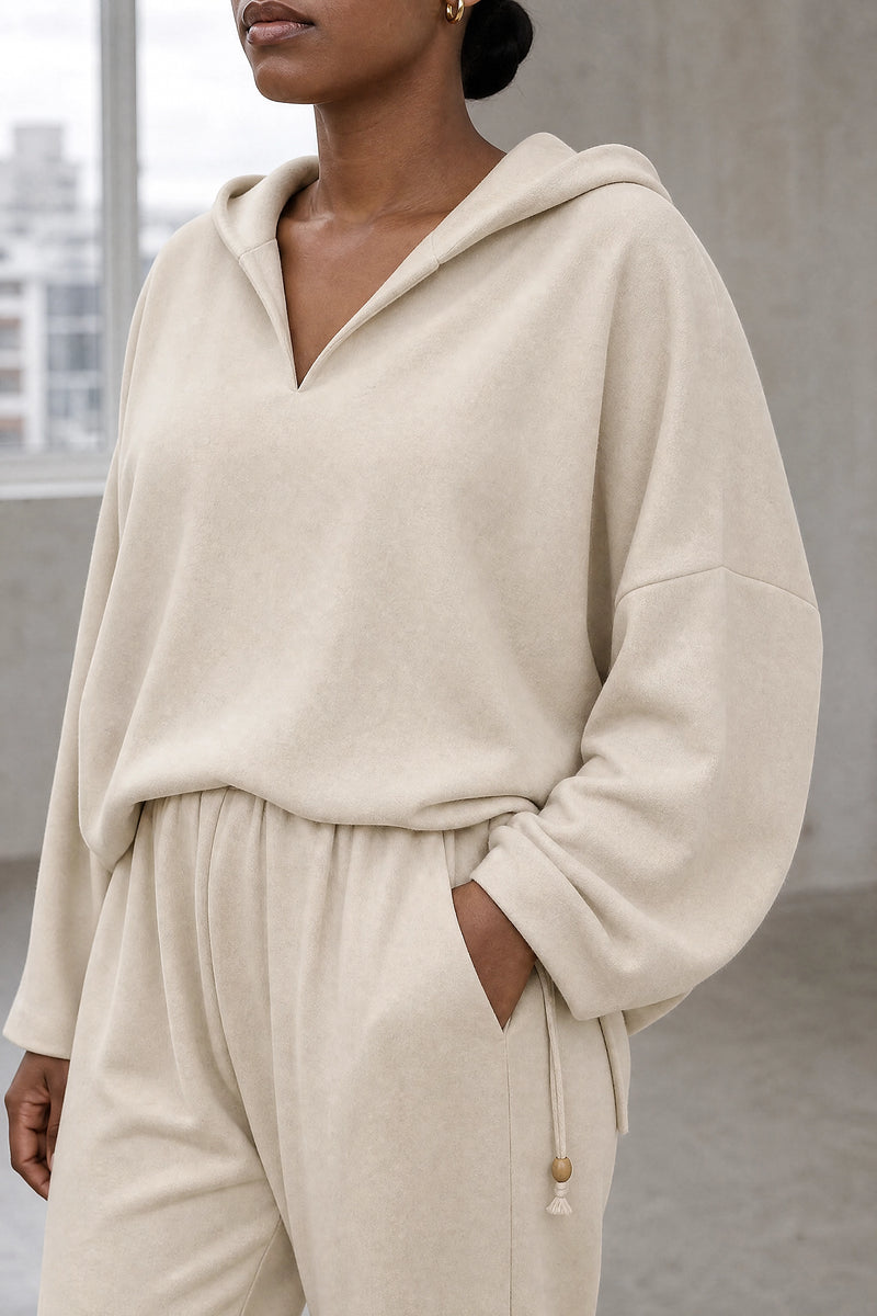 Lorraine | Hoodie Lounge Set in Apricot, fabric close-up