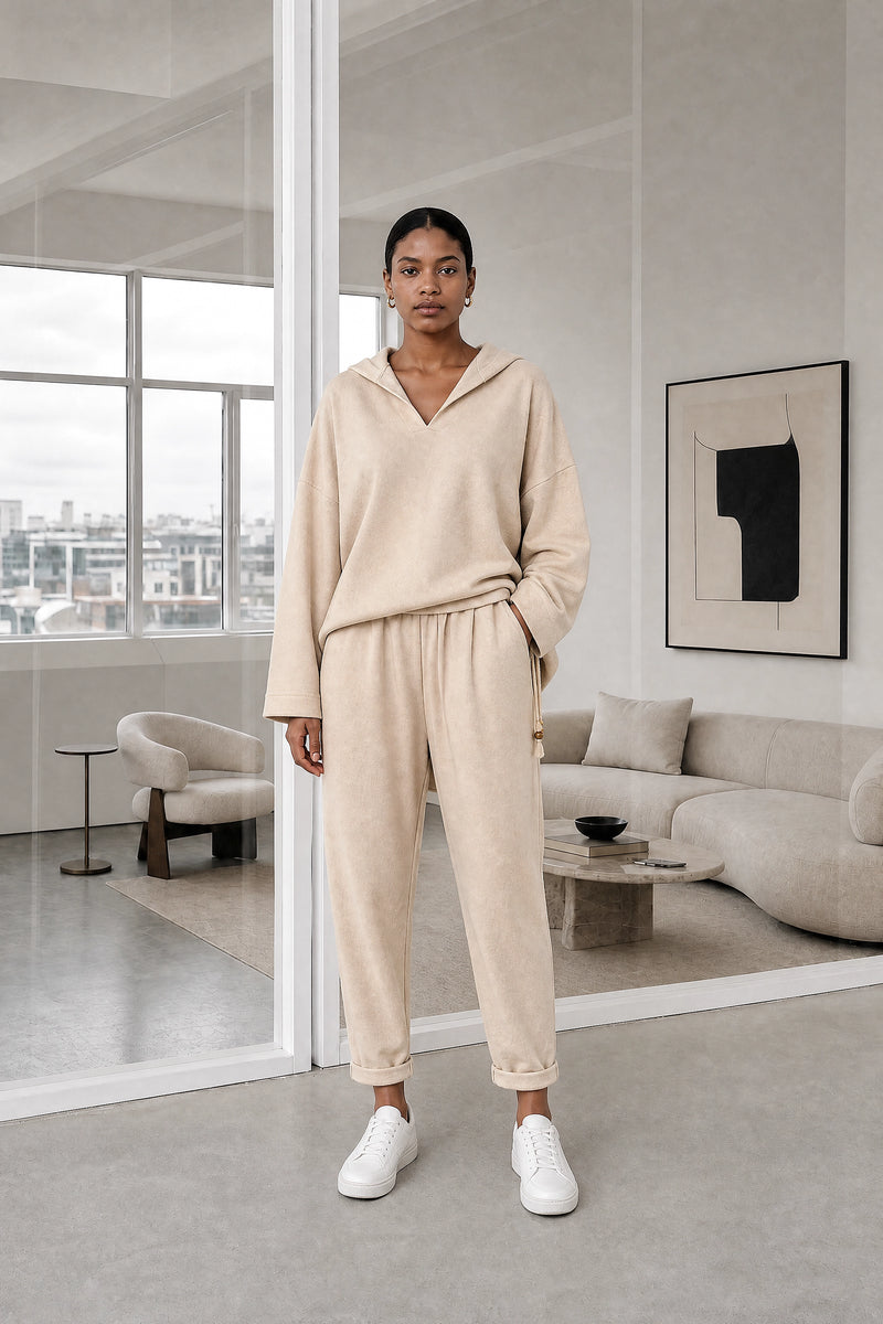 Lorraine | Hoodie Lounge Set in Apricot, studio front view