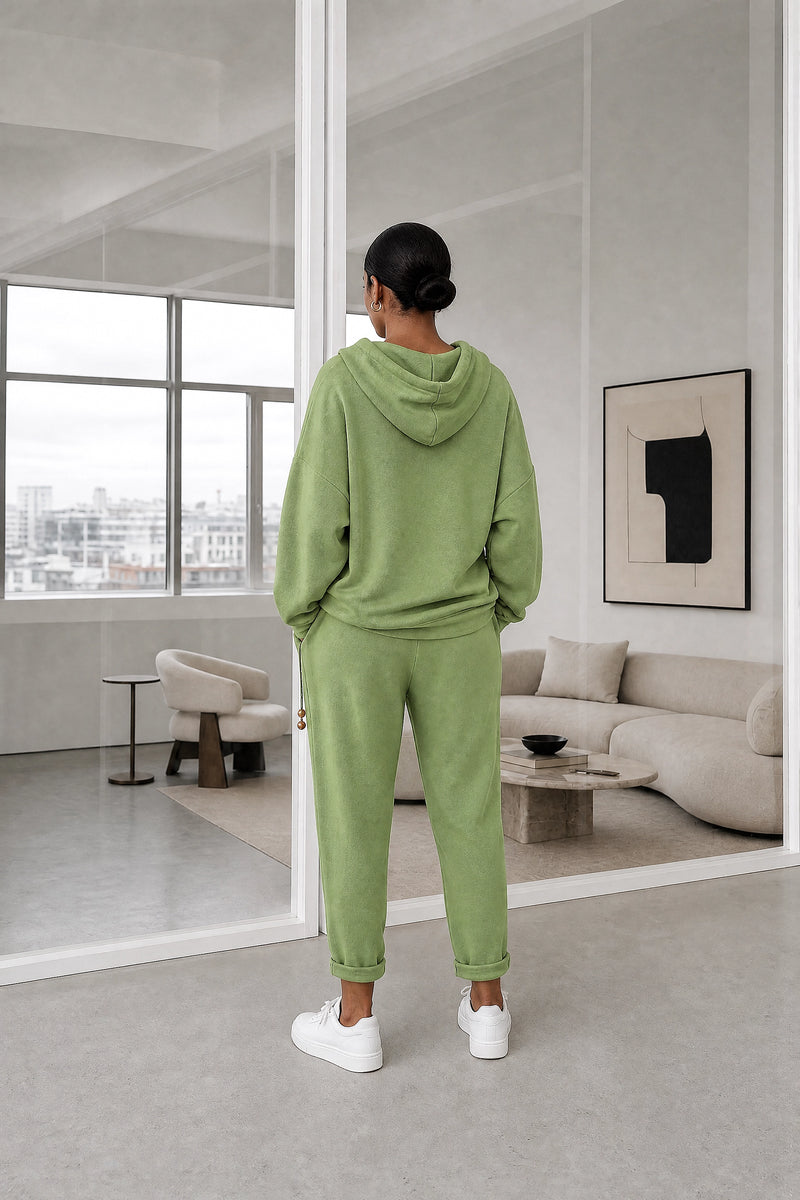 Lorraine | Hoodie Lounge Set in Green, studio back view