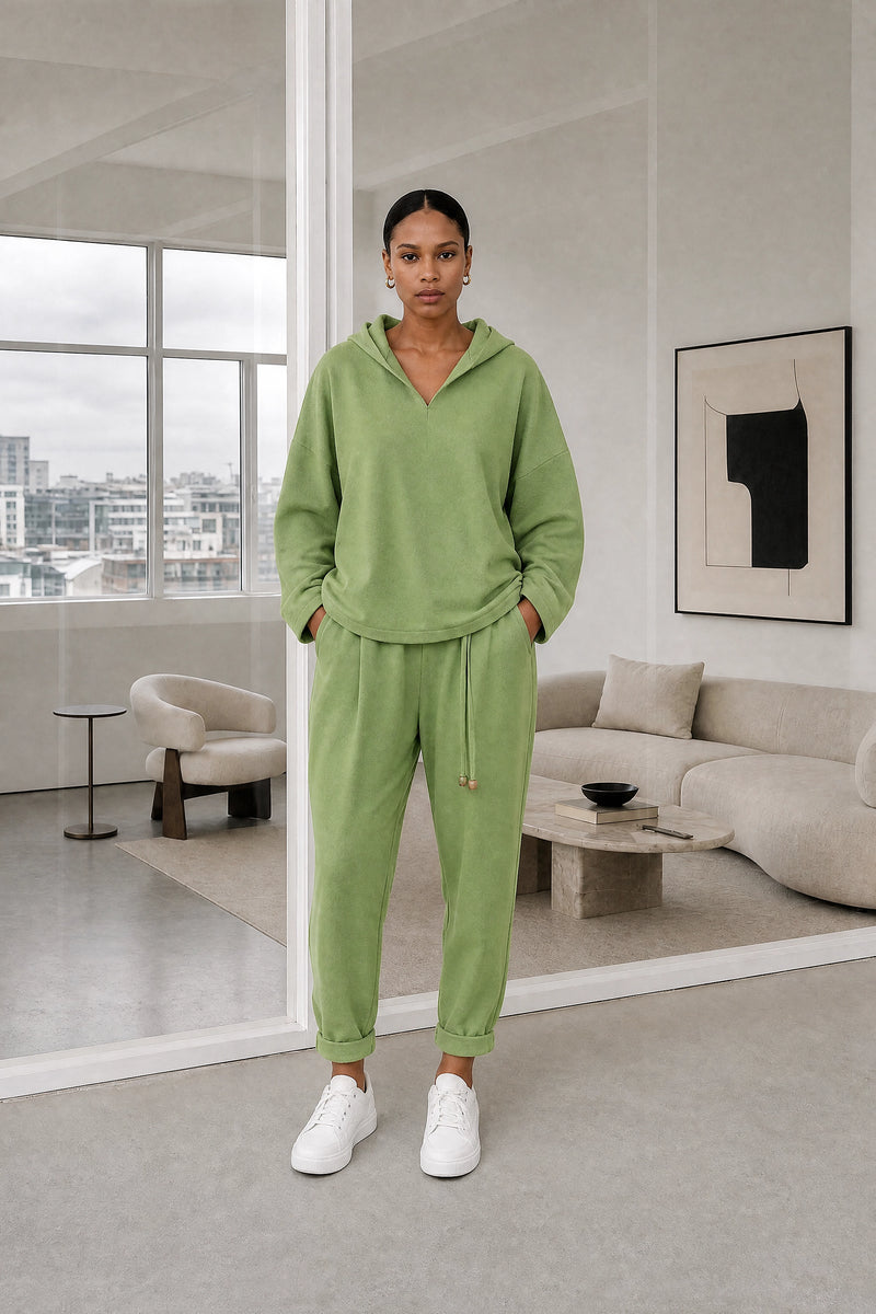 Lorraine | Hoodie Lounge Set in Green, studio front view