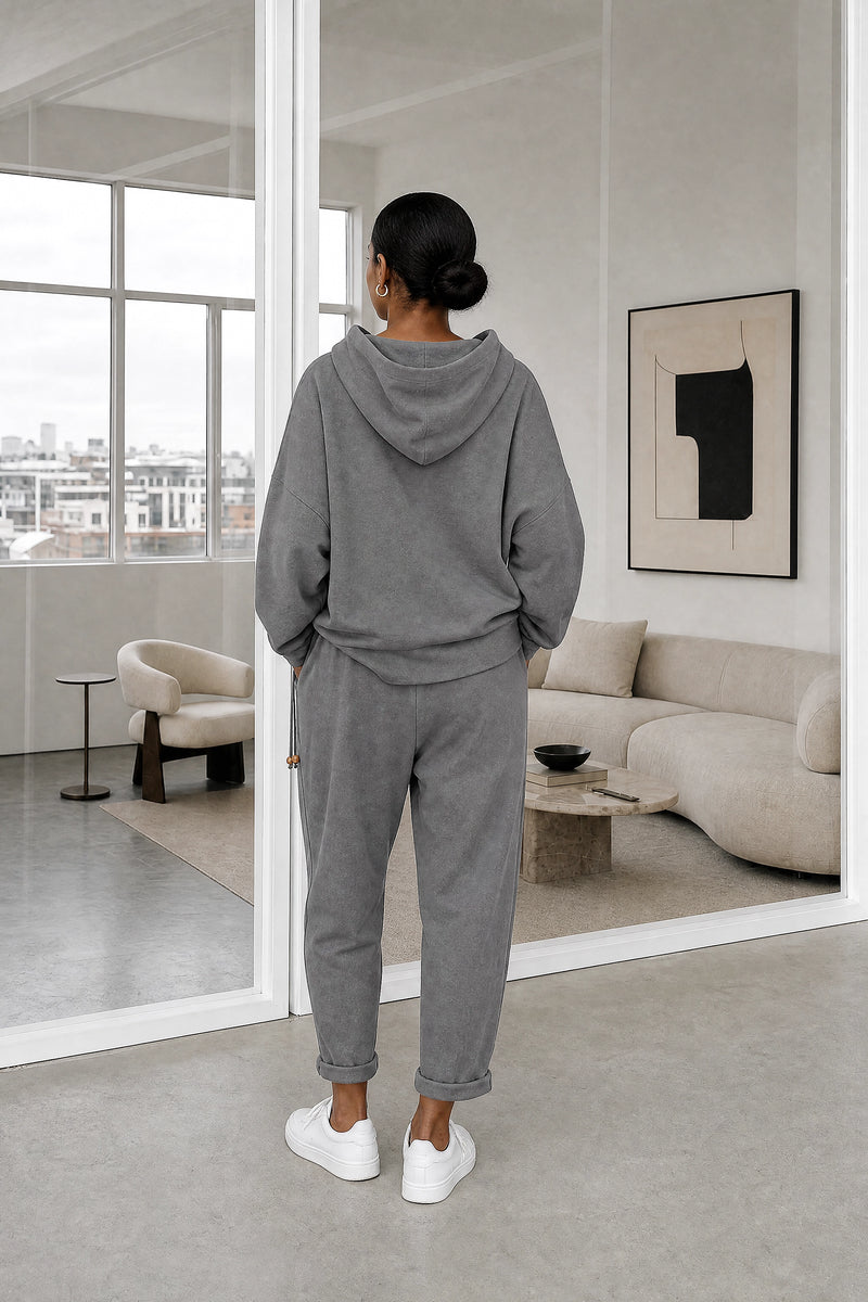 Lorraine | Hoodie Lounge Set in Grey, studio back view