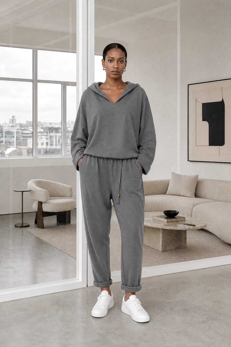 Lorraine | Hoodie Lounge Set in Grey, studio front view