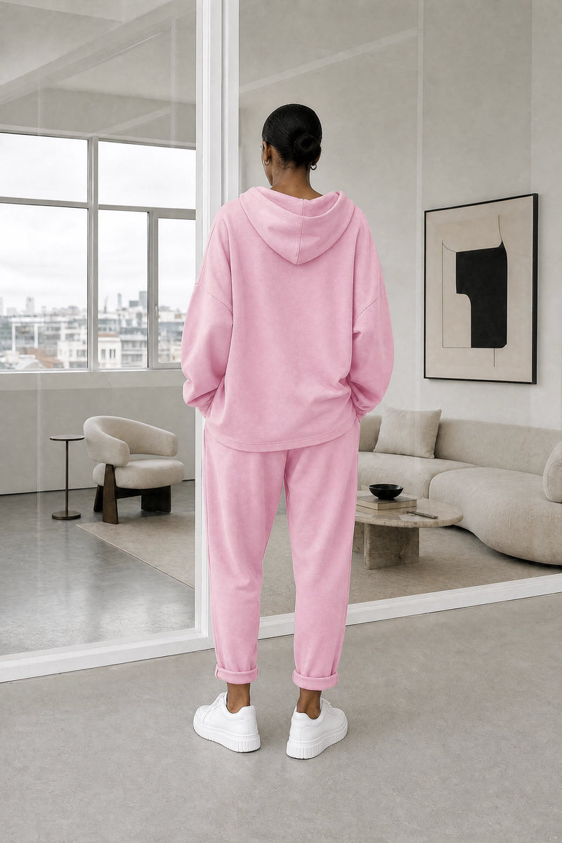 Lorraine | Hoodie Lounge Set in Pink, studio back view