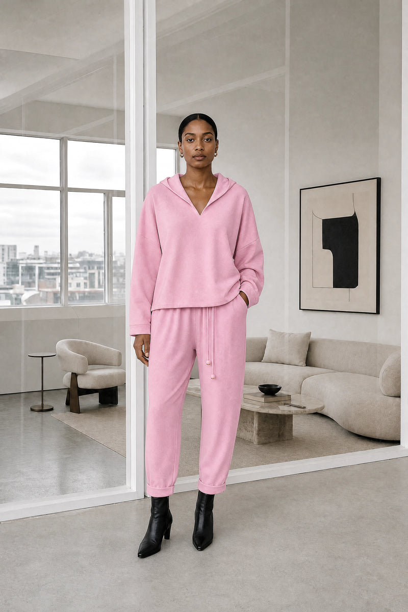 Lorraine | Hoodie Lounge Set in Pink, studio front view