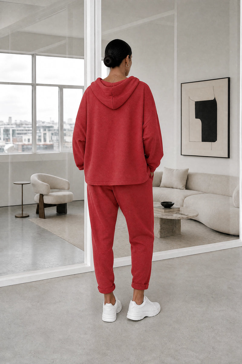 Lorraine | Hoodie Lounge Set in Red, studio back view