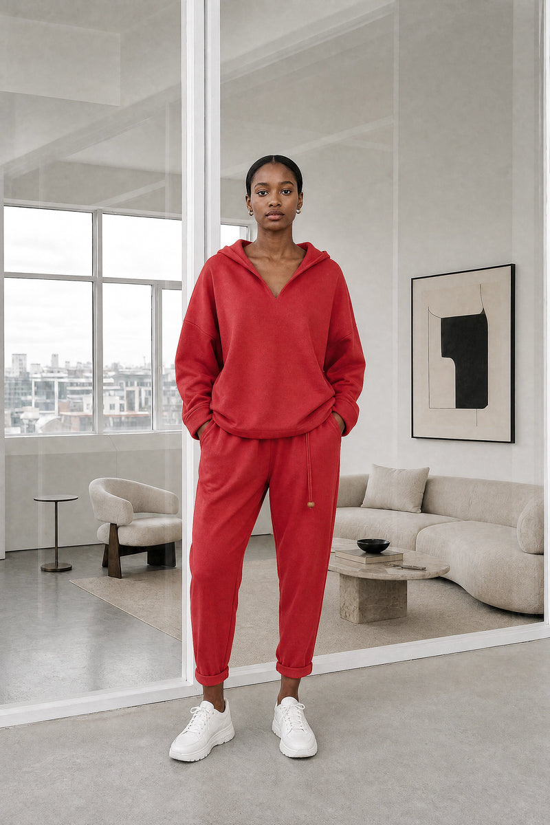 Lorraine | Hoodie Lounge Set in Red, studio front view