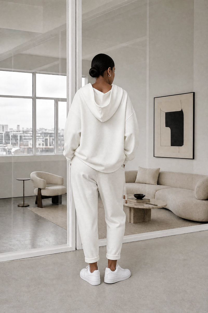 Lorraine | Hoodie Lounge Set in White, studio back view
