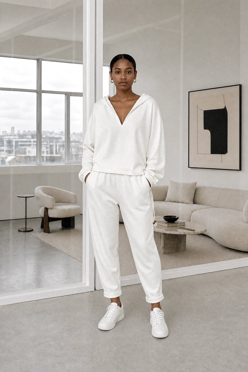 Lorraine | Hoodie Lounge Set in White, studio front view