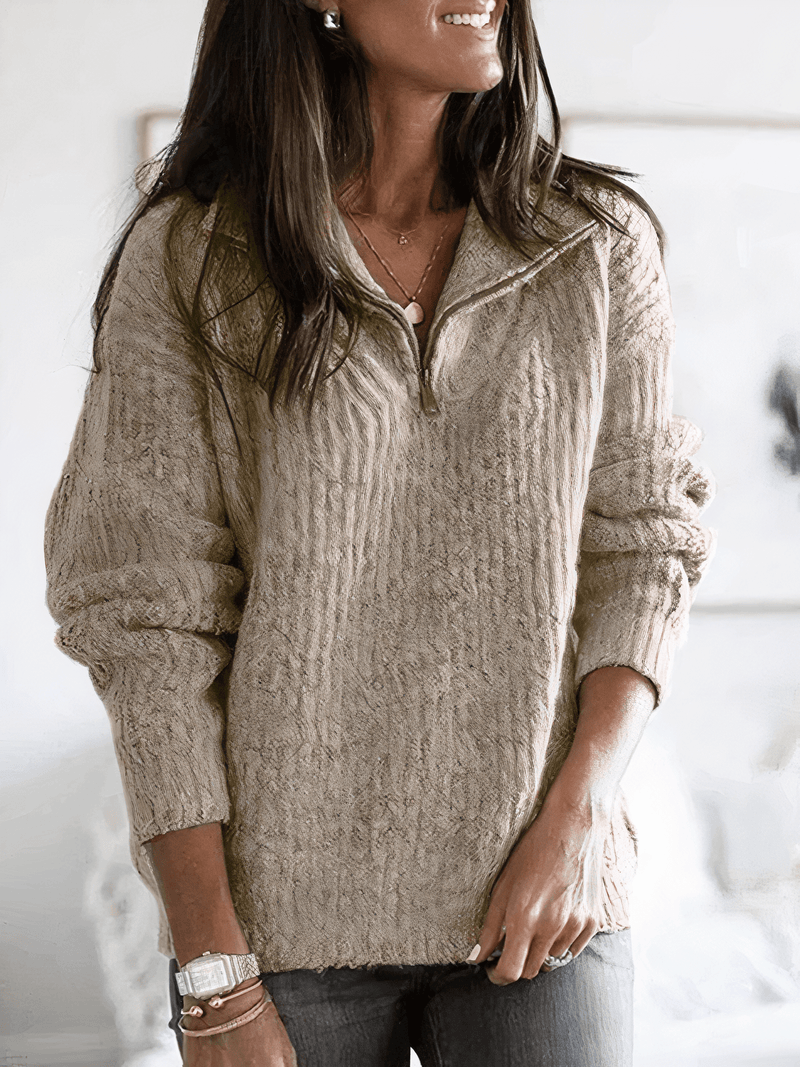 Knit Quarter Zip Sweater for Women with Stand Collar and Oversized Fit in Khaki, front view