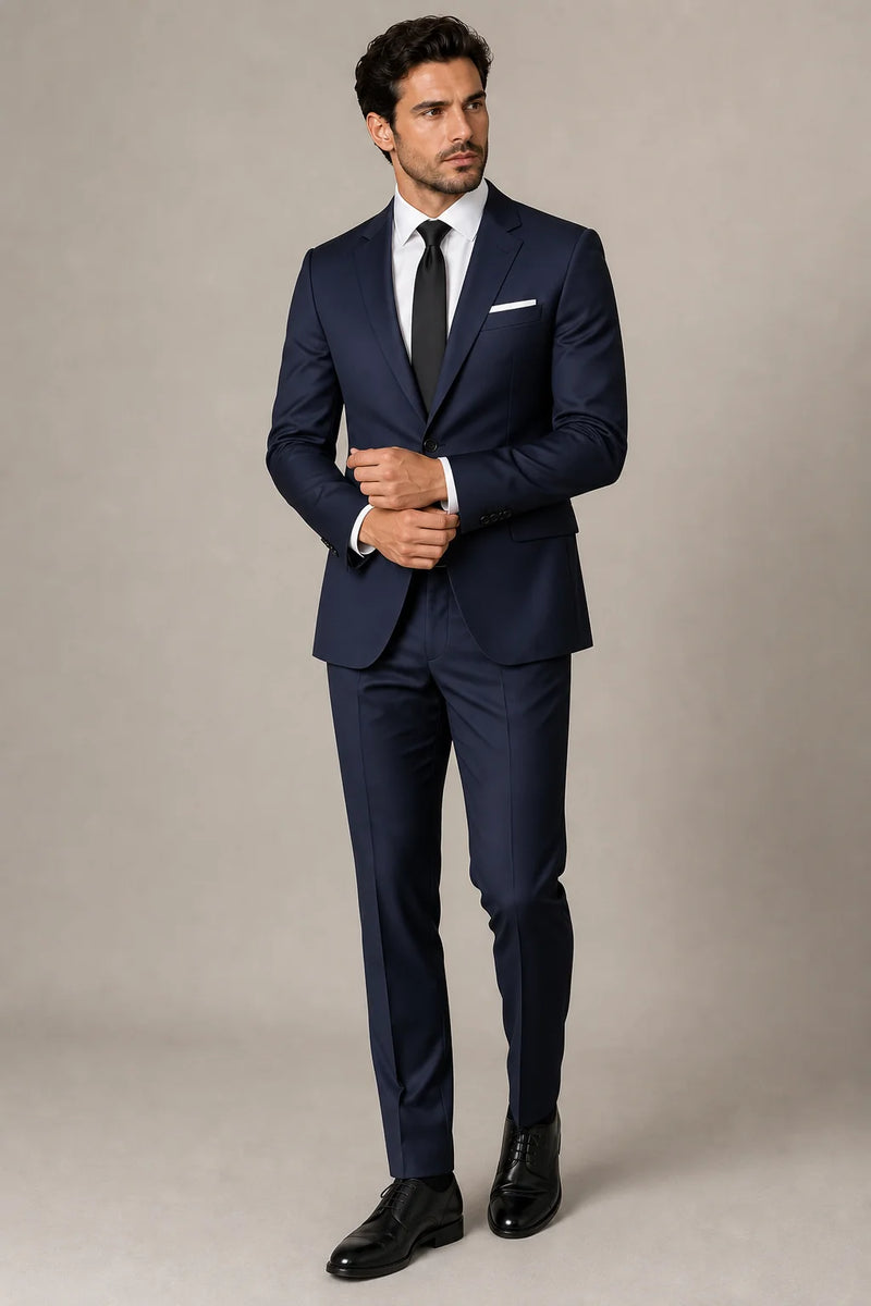 Sofaine Luca two-piece blazer suit set in Navy Blue, worn front