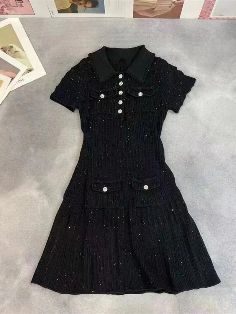 Rib Knit Mini Dress for Women with Collar and Jewel Buttons in Black, styled view