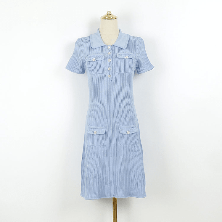 Rib Knit Mini Dress for Women with Collar and Jewel Buttons in Blue, mannequin view