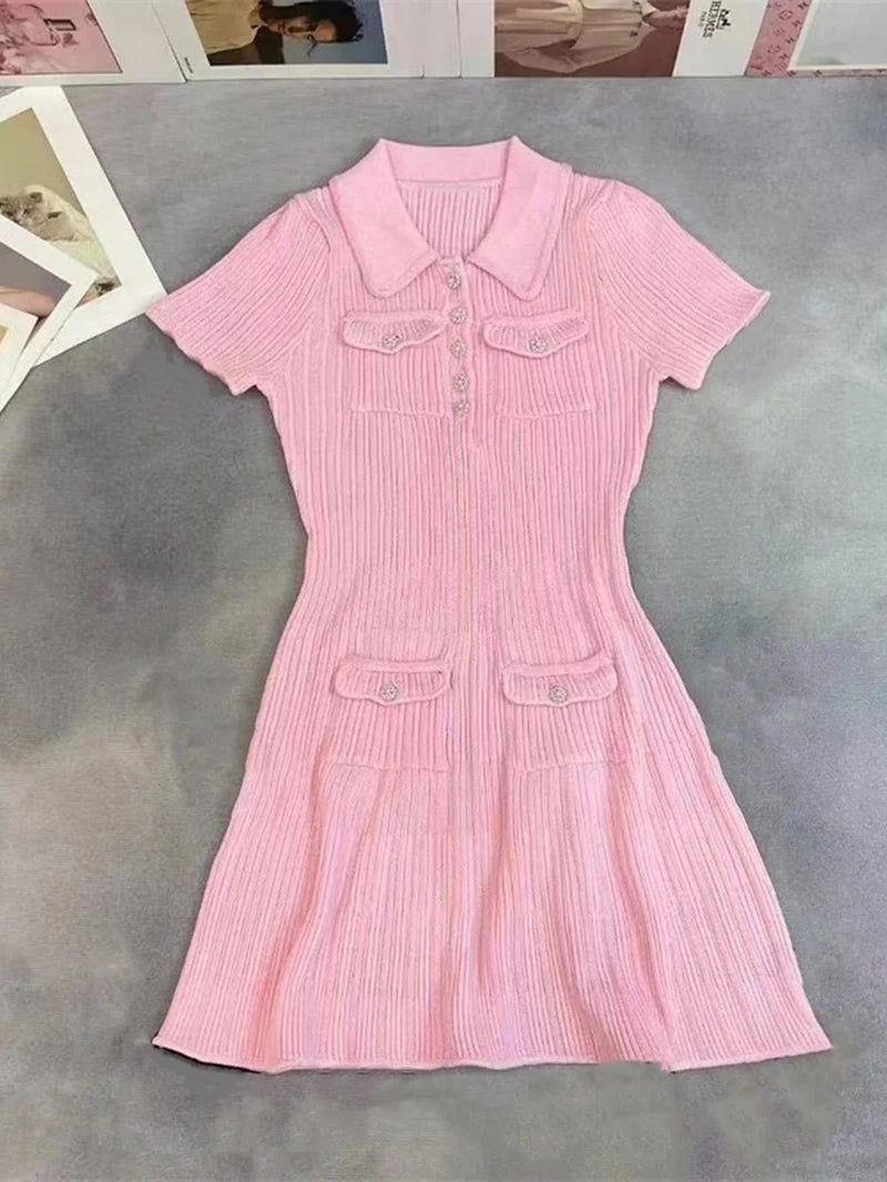 Rib Knit Mini Dress for Women with Collar and Jewel Buttons in Pink, styled view