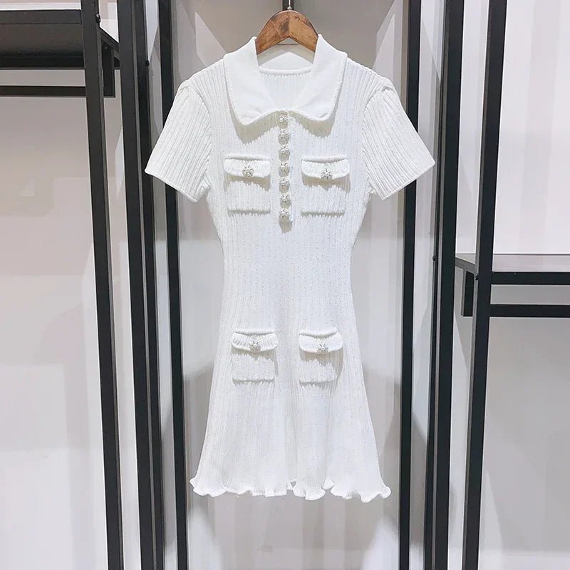 Rib Knit Mini Dress for Women with Collar and Jewel Buttons in White, hanger view