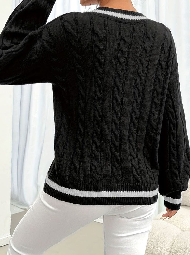 V Neck Cable Knit Sweater for Women with Varsity Stripe Trim in Black, back view