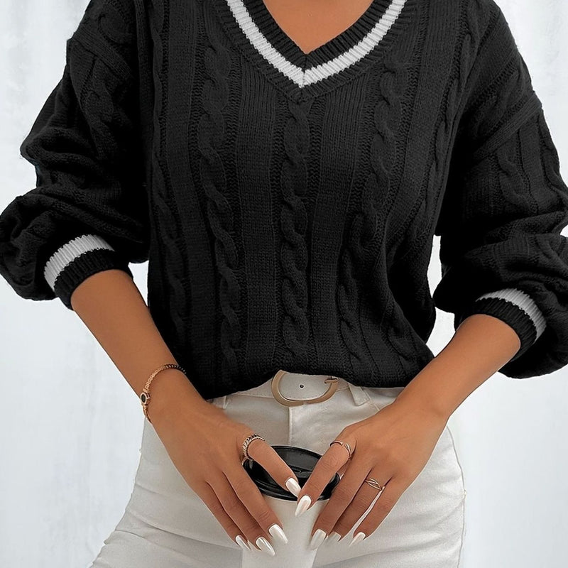 V Neck Cable Knit Sweater for Women with Varsity Stripe Trim in Black, front close-up