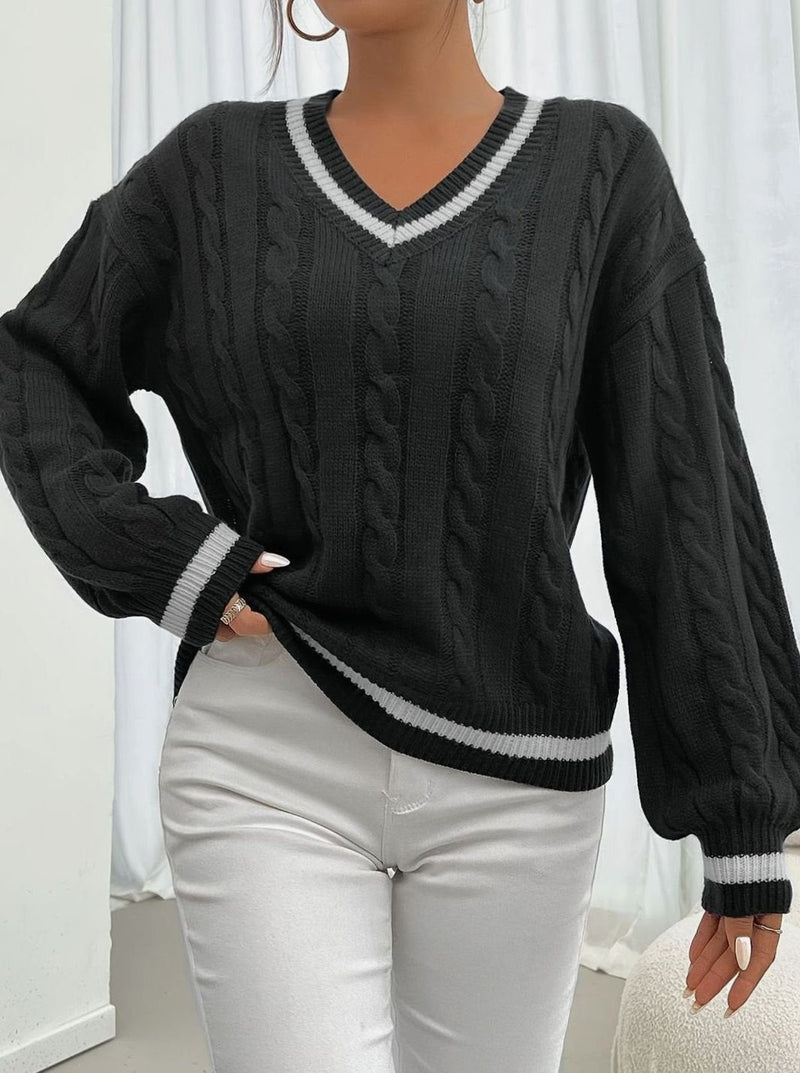V Neck Cable Knit Sweater for Women with Varsity Stripe Trim in Black, front view 2