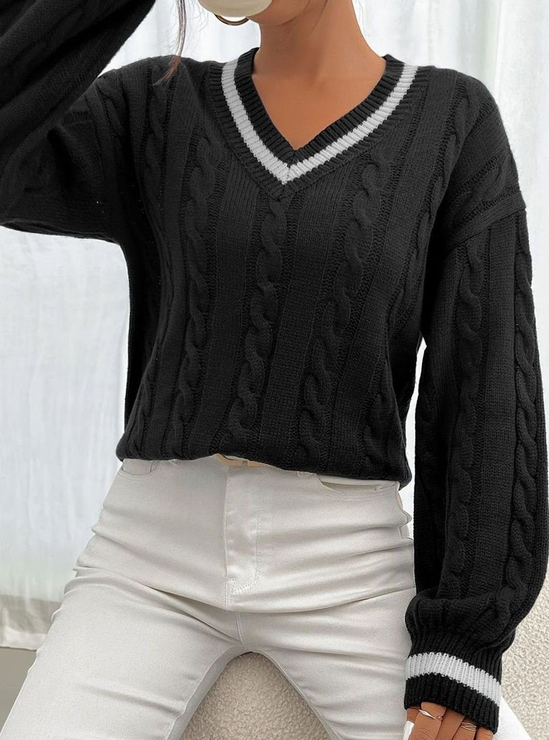 V Neck Cable Knit Sweater for Women with Varsity Stripe Trim in Black, front view 3