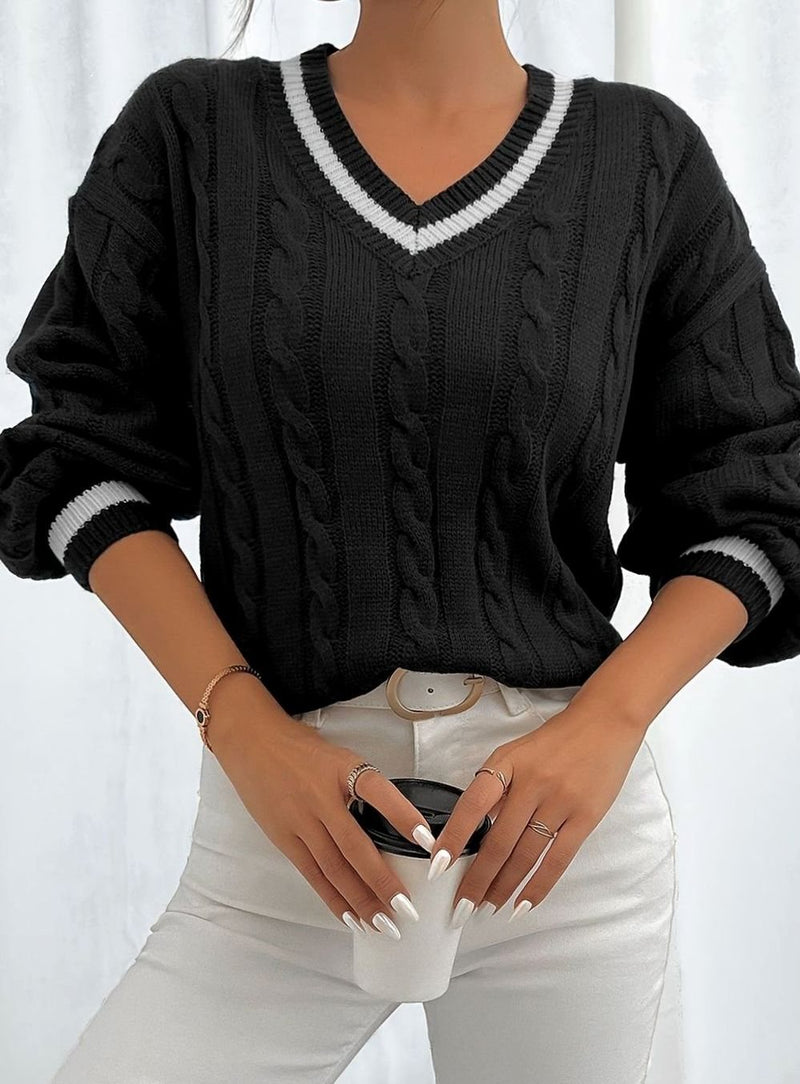 V Neck Cable Knit Sweater for Women with Varsity Stripe Trim in Black, front view