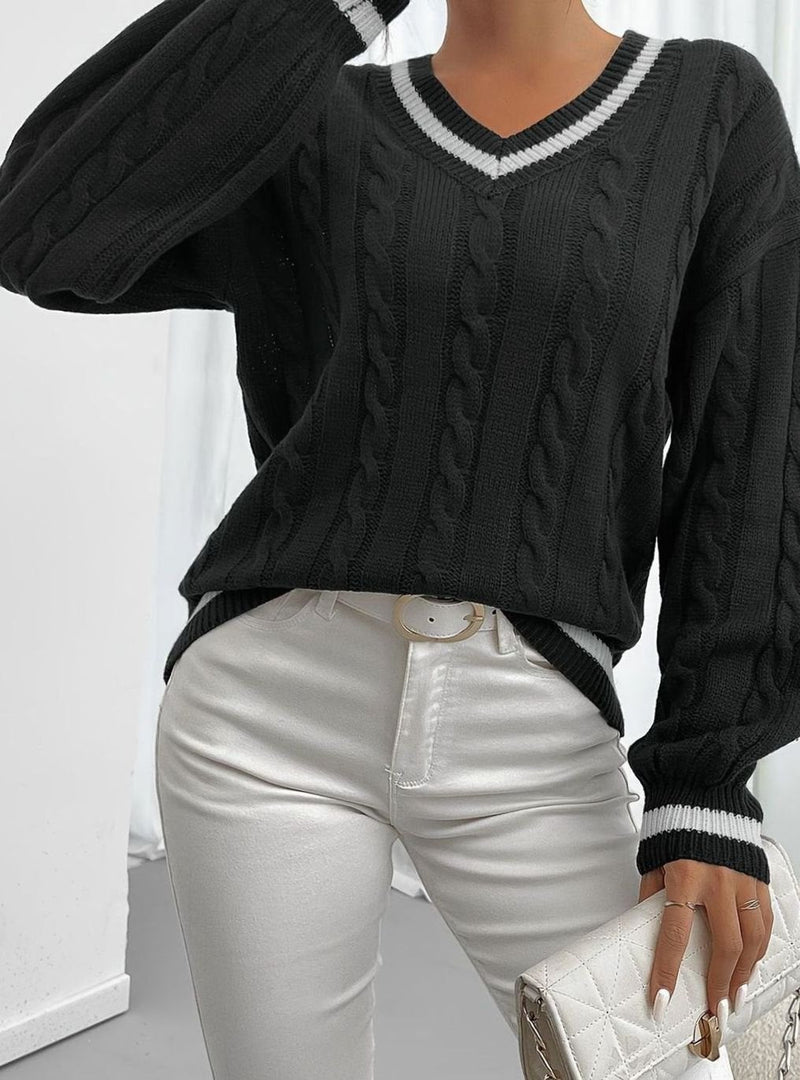 V Neck Cable Knit Sweater for Women with Varsity Stripe Trim in Black, styled view