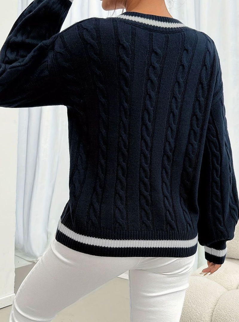 V Neck Cable Knit Sweater for Women with Varsity Stripe Trim in Navy, back view