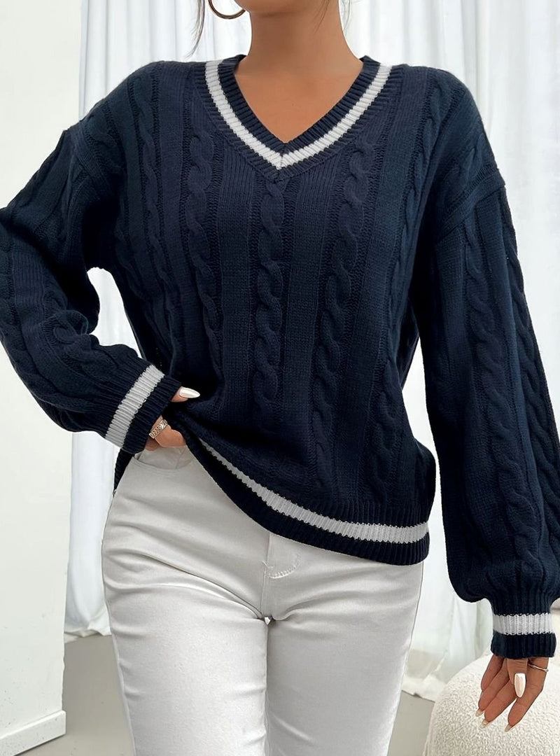 V Neck Cable Knit Sweater for Women with Varsity Stripe Trim in Navy, front view 2