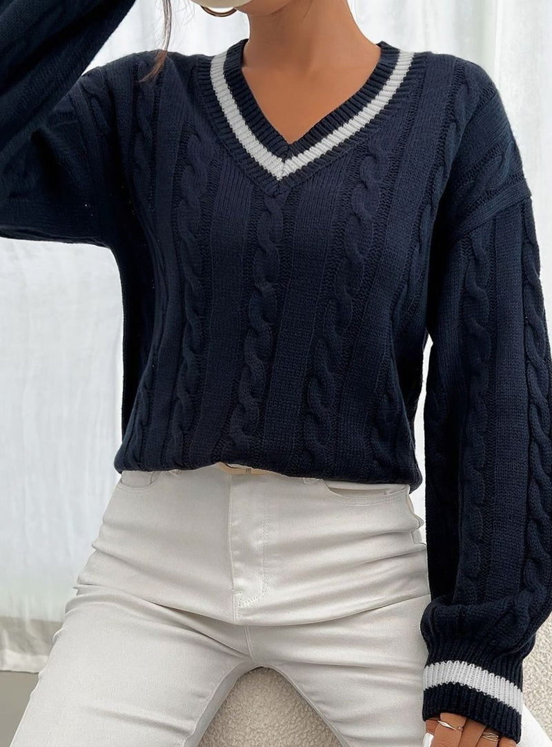 V Neck Cable Knit Sweater for Women with Varsity Stripe Trim in Navy, front view 3
