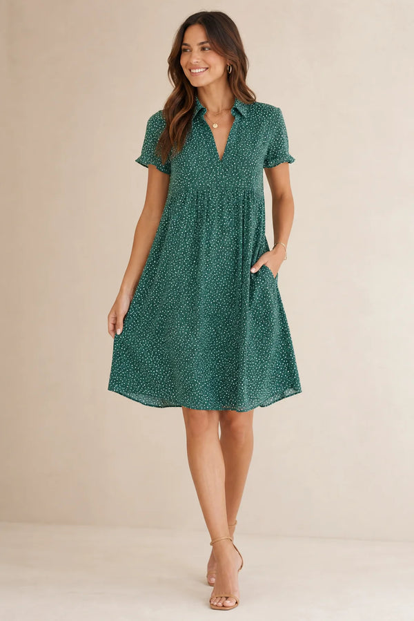 Sofaine Freya dotted swing shirt dress in Green, worn front hero