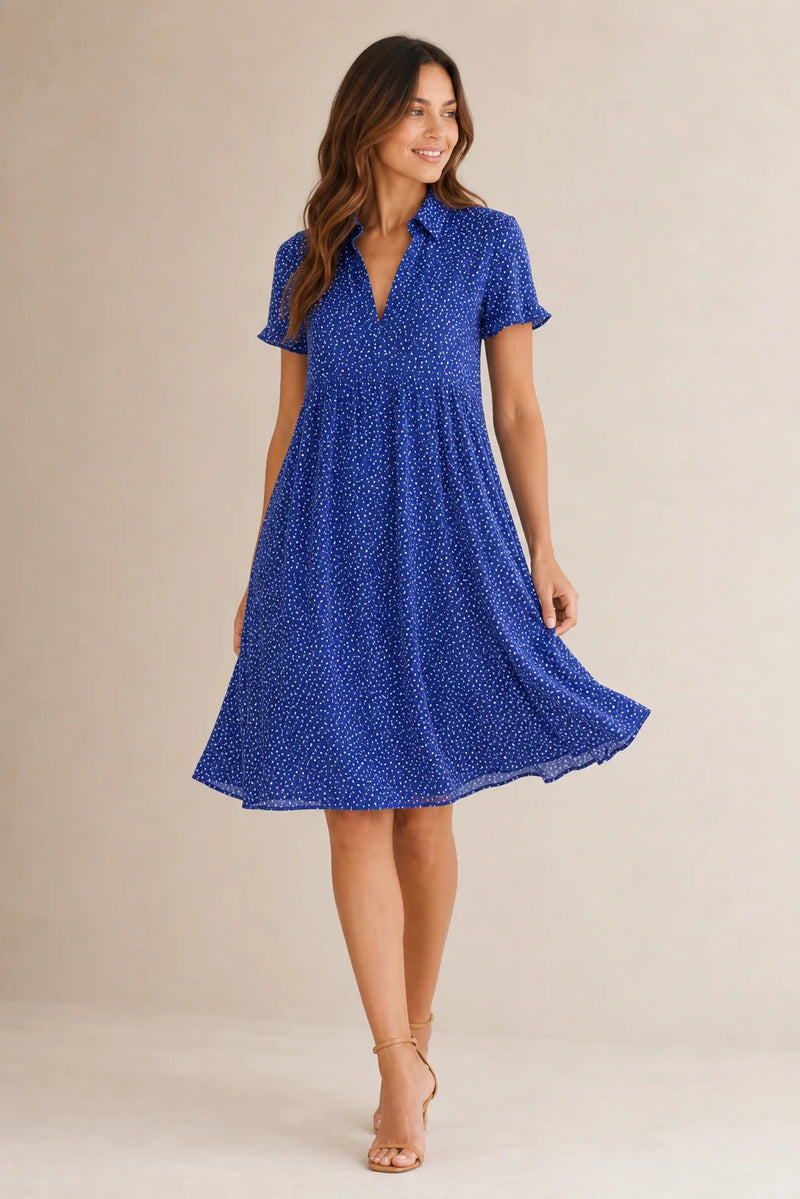 Sofaine Freya dotted swing shirt dress in Blue, worn front