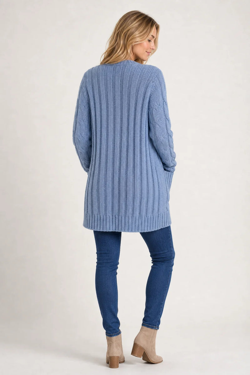 Sofaine Lucy cable-knit button-front cardigan in Light Blue, back view