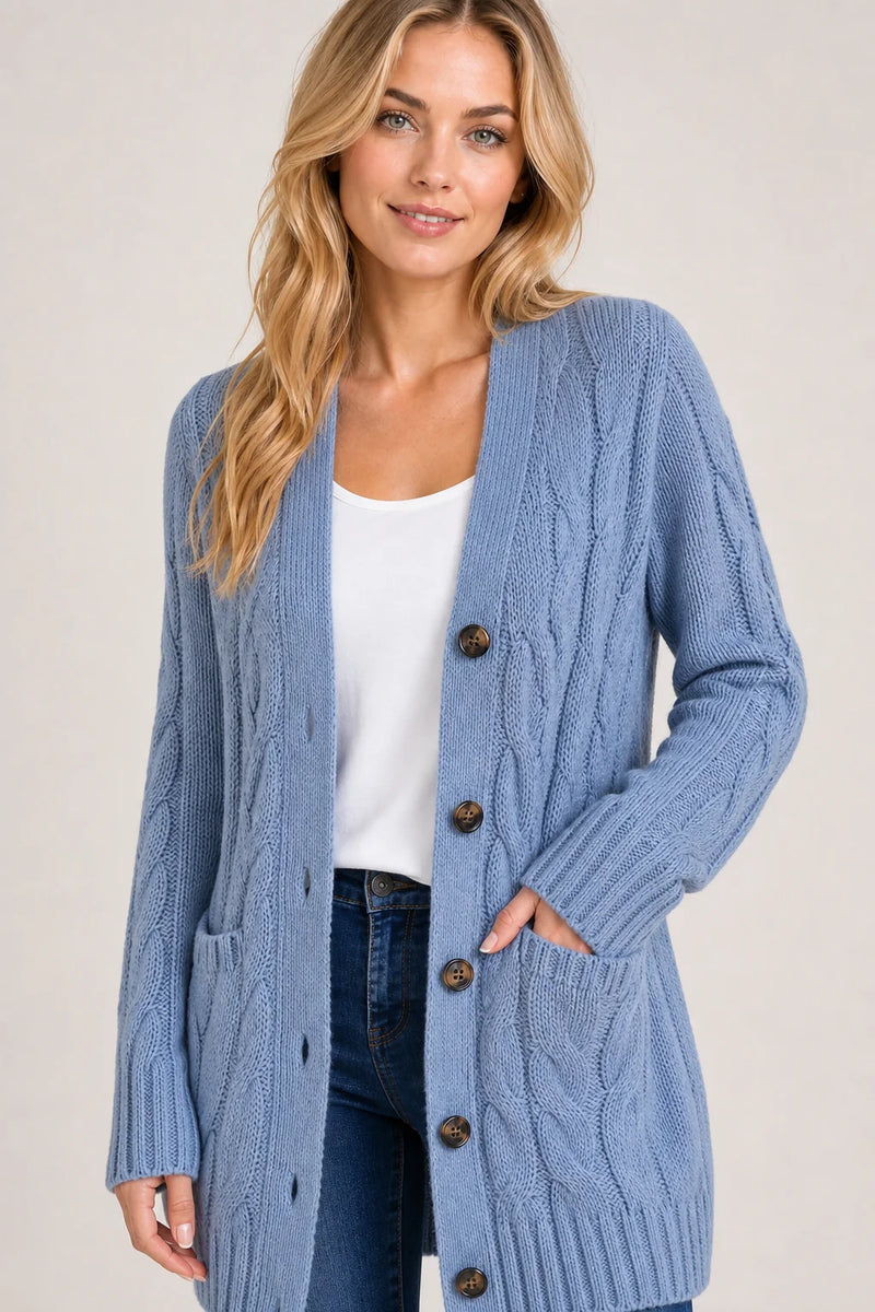 Sofaine Lucy cable-knit button-front cardigan in Light Blue, cable-knit button and pocket detail