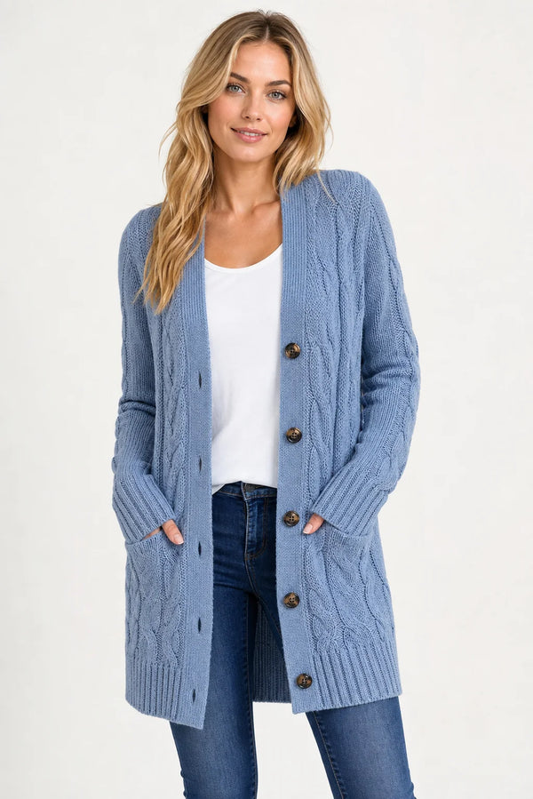 Sofaine Lucy cable-knit button-front cardigan in Light Blue, worn front hero