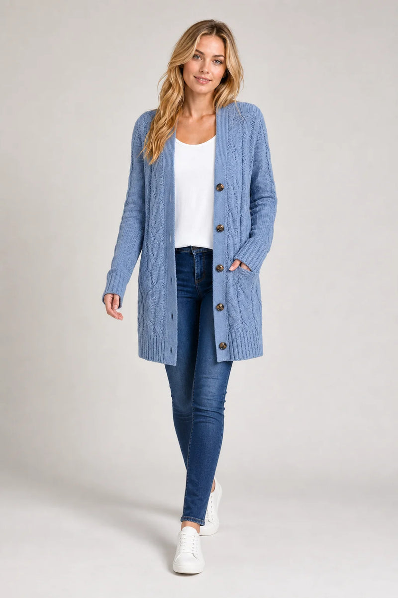 Sofaine Lucy cable-knit button-front cardigan in Light Blue, styled full look