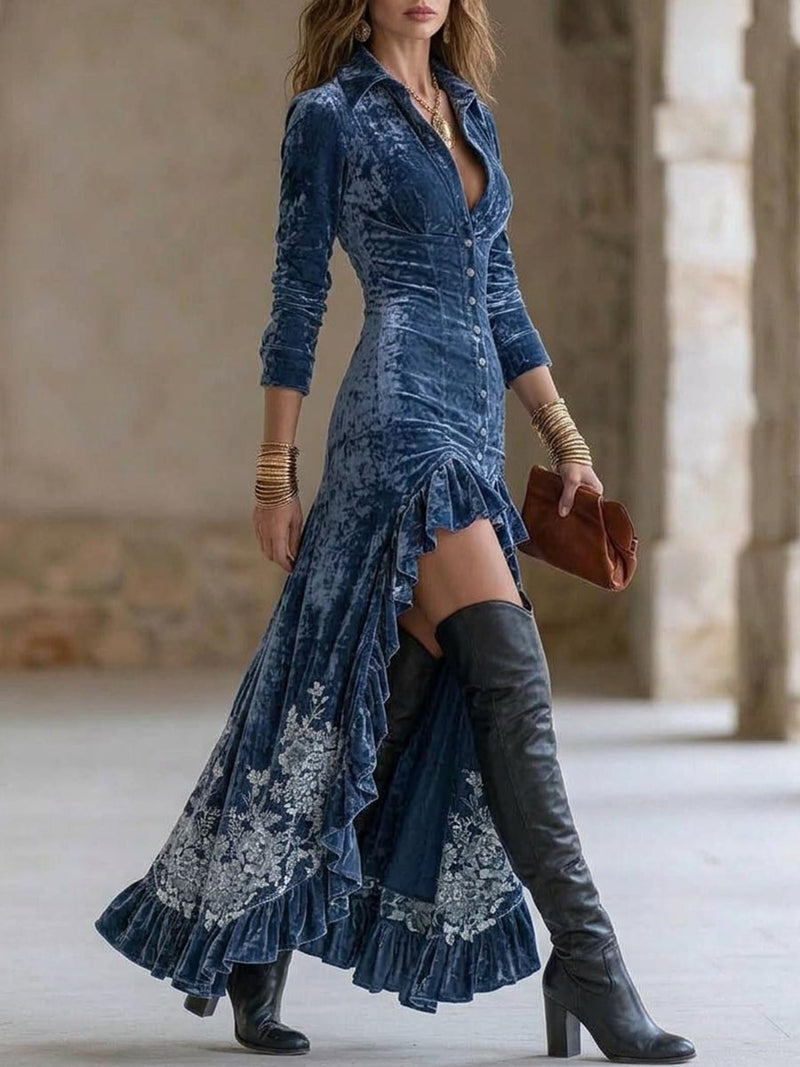 High Low Velvet Shirt Dress for Women with Ruffle Hem and Long Sleeves in Blue, side view
