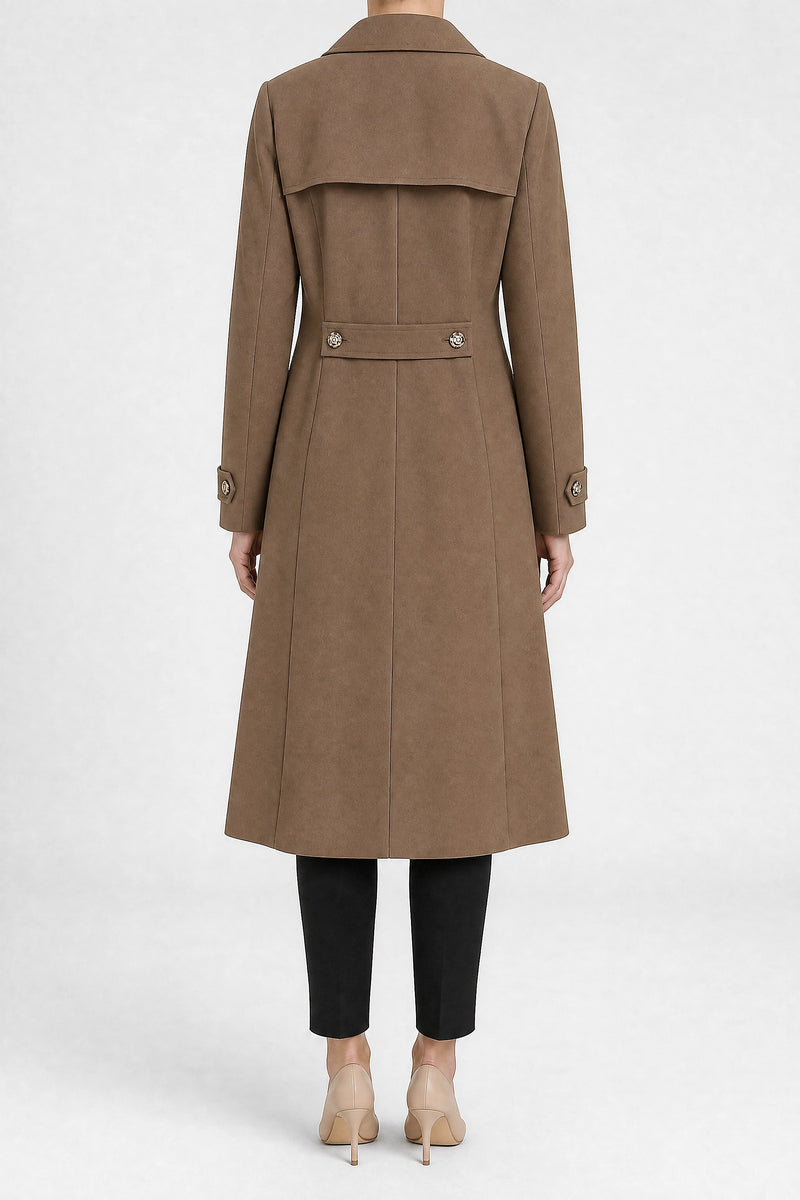 Sofaine Luella women's trench coat in Brown, back view studio shot