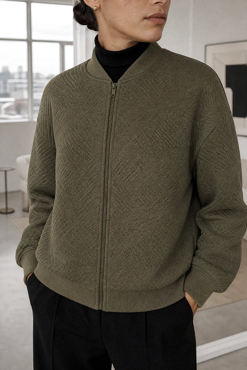 Luisa | Zip Jacket in Army Green, fabric close-up