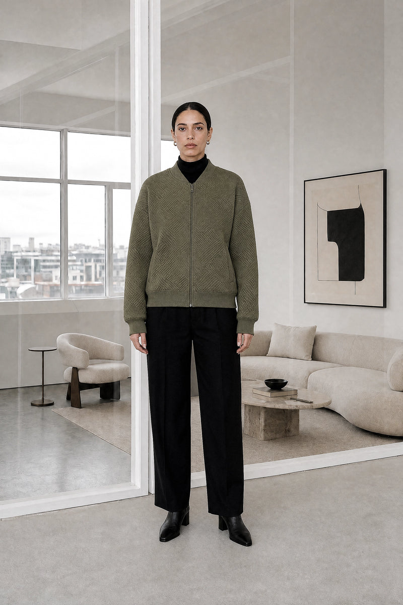 Luisa | Zip Jacket in Army Green, studio front view