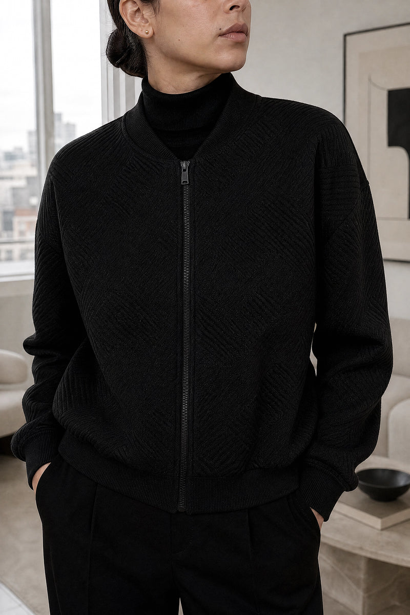 Luisa | Zip Jacket in Black, fabric close-up