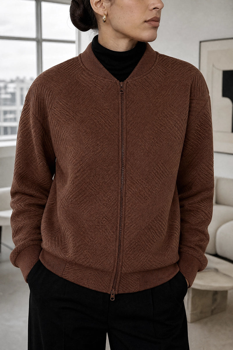 Luisa | Zip Jacket in Brown, fabric close-up